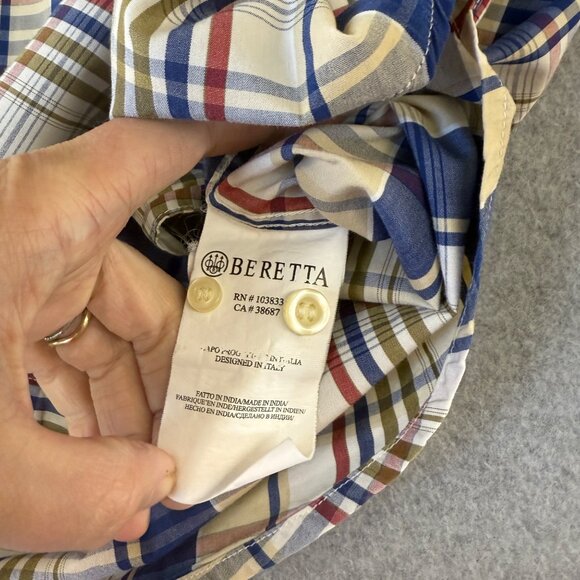 Beretta Mens Collared‎ Button-Up Shirt Plaid Long Sleeve Blue Cream Size US XL - Picture 9 of 12